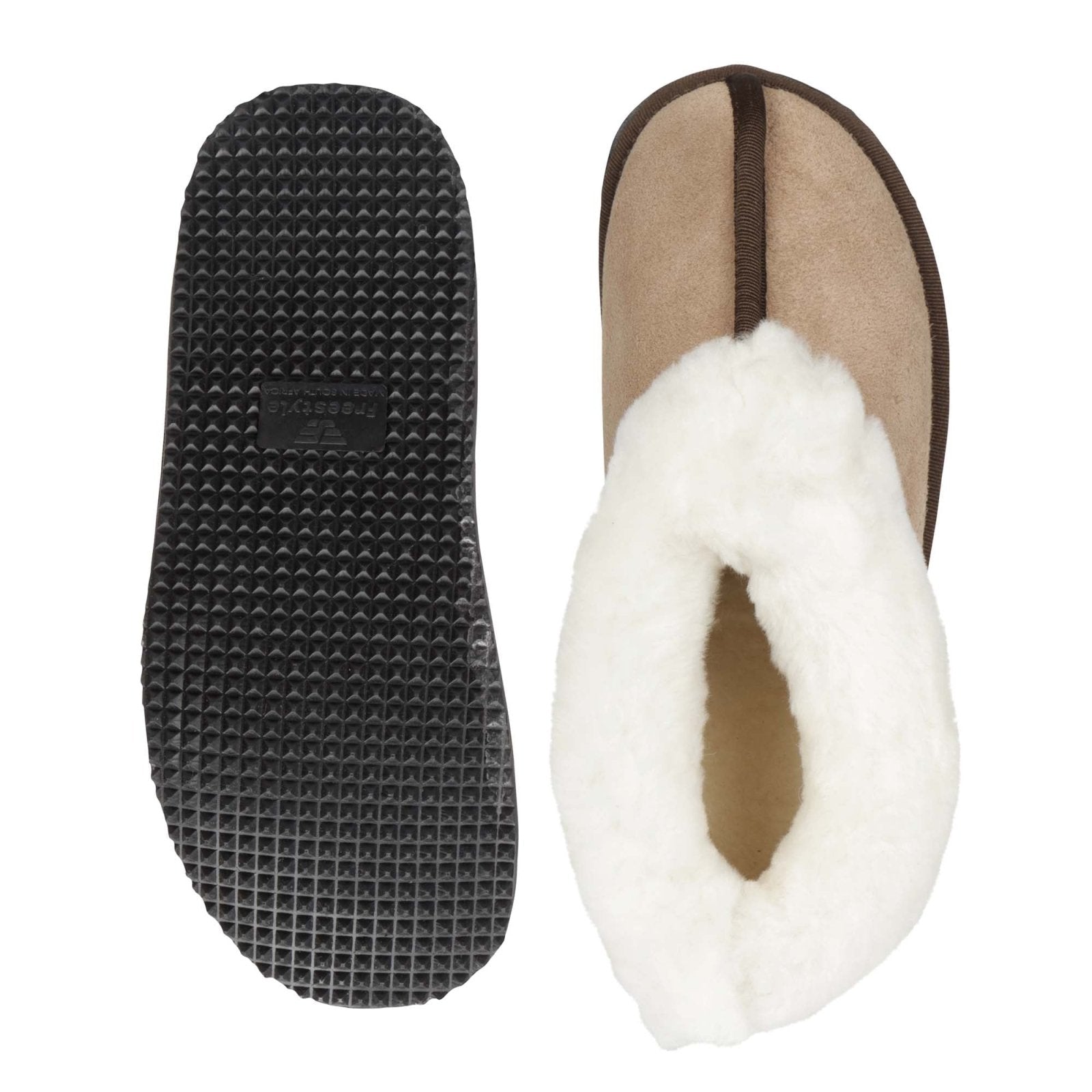 Sneeubok Ladies Premium Suede Woolen Slippers - Khaki - Freestyle SA Proudly local leather boots veldskoens vellies leather shoes suede veldskoens